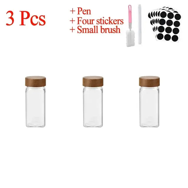 3-12pcs Wood Cover Glass Spice Jars Square Transparent Seasoning Storage Bottles Kitchen Salt Spices Ground Pepper Sealing Tools