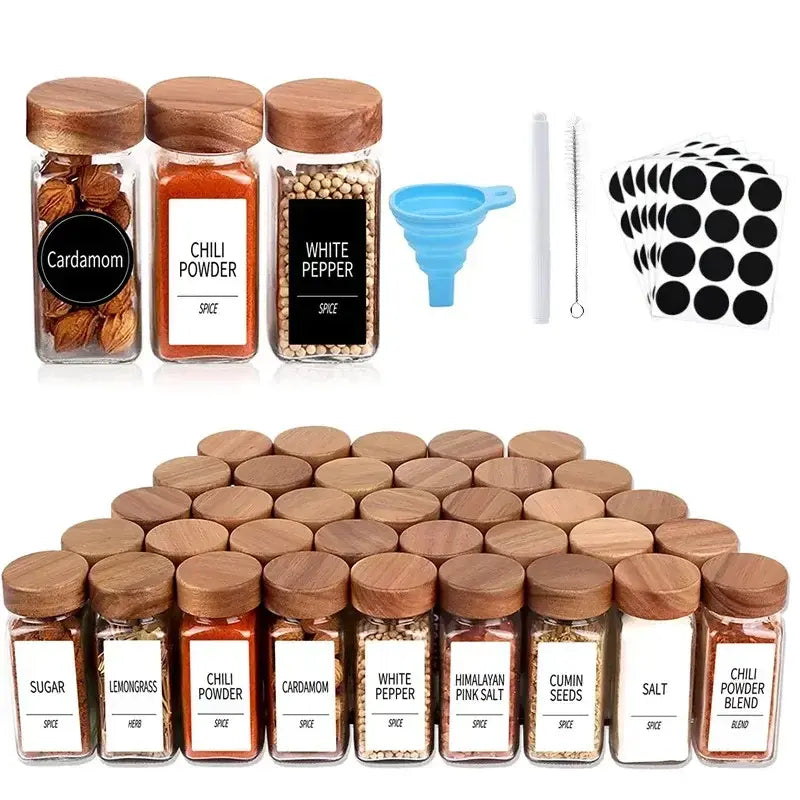 3-12pcs Wood Cover Glass Spice Jars Square Transparent Seasoning Storage Bottles Kitchen Salt Spices Ground Pepper Sealing Tools