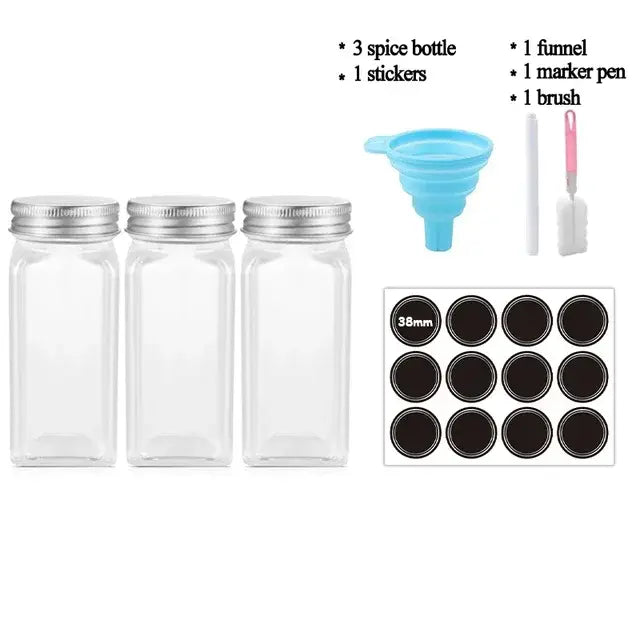 3-12pcs Wood Cover Glass Spice Jars Square Transparent Seasoning Storage Bottles Kitchen Salt Spices Ground Pepper Sealing Tools