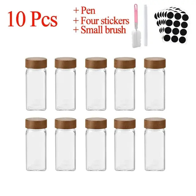 3-12pcs Wood Cover Glass Spice Jars Square Transparent Seasoning Storage Bottles Kitchen Salt Spices Ground Pepper Sealing Tools