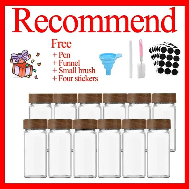 3-12pcs Wood Cover Glass Spice Jars Square Transparent Seasoning Storage Bottles Kitchen Salt Spices Ground Pepper Sealing Tools