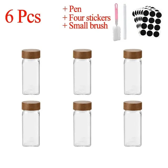 3-12pcs Wood Cover Glass Spice Jars Square Transparent Seasoning Storage Bottles Kitchen Salt Spices Ground Pepper Sealing Tools