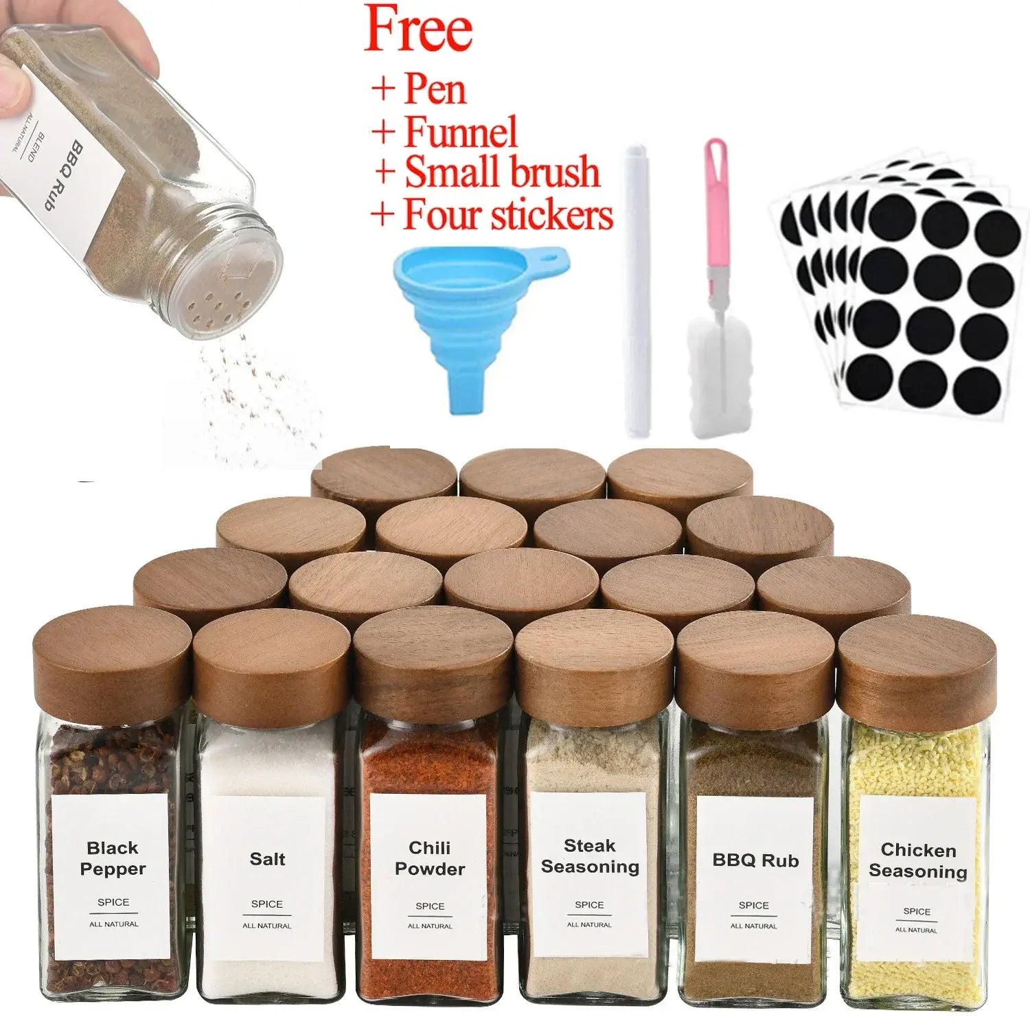 3-12pcs Wood Cover Glass Spice Jars Square Transparent Seasoning Storage Bottles Kitchen Salt Spices Ground Pepper Sealing Tools